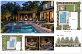 design backyard landscape, garden, pool, patio, outdoor with 3d rendering