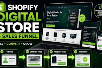 build shopify digital product store, ebook shopify store and sales funnel