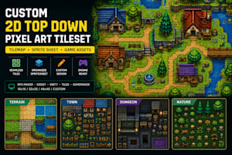 create custom 2d top down pixel art tileset, tilemap and game assets