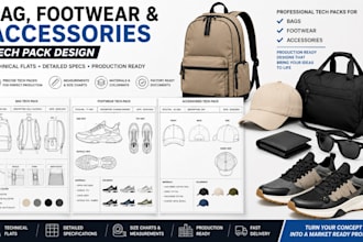 design professional bag, footwear and accessories tech pack with flat sketches