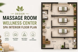 design massage room, wellness center, spa interior floor plan