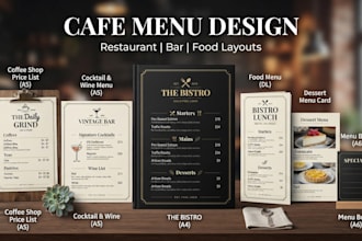 design elegant bar menu, drinks menu, cocktail menu price list