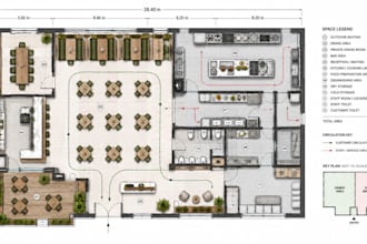 design modern restaurant floor plans with furniture, circulation, kitchen layout
