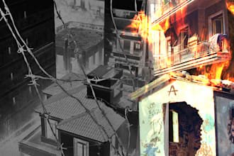 create a raw handmade collage album cover with photos and scanned textures