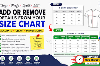 change modify update edit add or remove details from your size chart