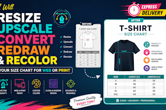 resize upscale convert redraw and recolor your size chart for web or print