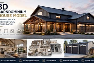 create 3d barndominium house model, garage pack, and architectural visualization