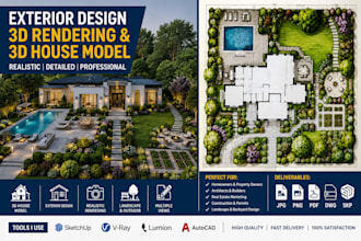 design realistic exterior rendering and 3d house model using sketchup, jpg, PDF
