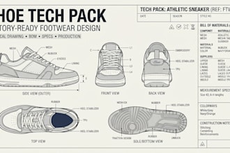 create shoe tech pack, footwear tech pack, sneaker design for manufacturing