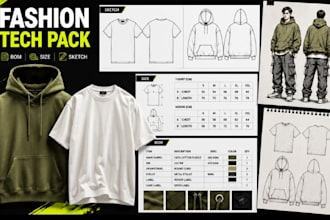 design fashion tech pack, hoodie, streetwear, clothing tech pack, fashion sketch