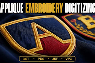 do applique embroidery digitizing for logo into dst pes jef vp3 file