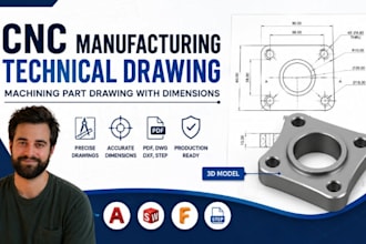 cnc manufacturing technical drawing, machining part drawing with dimensions