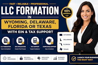 form wyoming, delaware, florida or texas llc with ein, tax support, bookkeeping