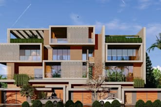 create renders for modern multi family residential building with timber facade