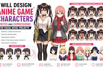 design anime game characters sprites and expressions for visual novel projects