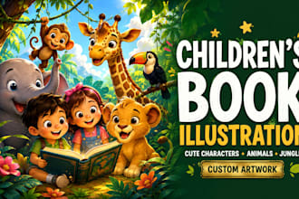 turn your children story into colorful cartoon animal and jungle illustrations