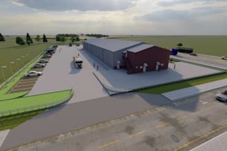 construct industrial building,warehouse site plan visualization,archviz suburban