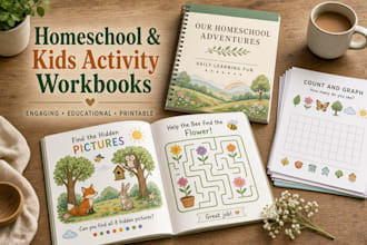 design homeschool workbook, kids activity workbook and educational printables