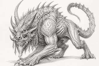 draw monster or fantasy creature in sketch illustration