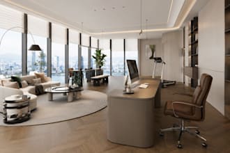 design executive ceo corporate office with skyline window view treadmill station