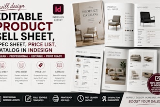 design editablle product sell sheet, spec sheet, price list, catalog in indesign
