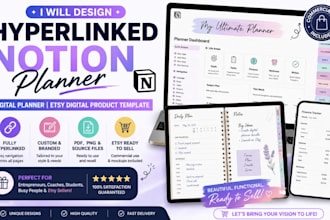 design hyperlinked notion planner, digital planner etsy digital product template