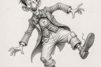 draw black and white  cartoon sketch