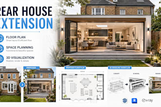 design house rear extension with floor plan, layout, realistic 3d visualization