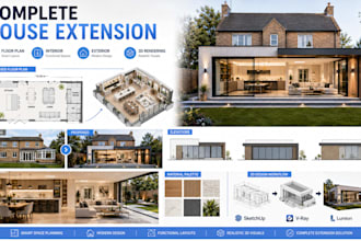 design house extension with floor plan, interior, exterior and 3d rendering