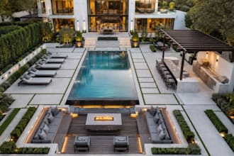 create realistic backyard landscape 3d rendering, patio and pool visualization