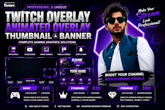 design twitch overlay, animated twitch overlay, gaming thumbnail  and banner