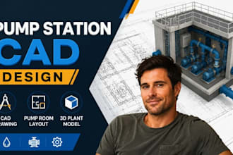 pump station cad drawing, pump room layout, 3d plant modeling