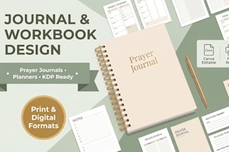 design prayer journal, workbook, planner, journal design and kdp book formatting