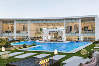 renovate modern house exterior, luxury mansion design, courtyard, central cabana