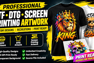 create and recreate designs for dtf, dtg and screen printing artwork