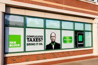 design tax office storefront, window graphics, signage and accounting branding