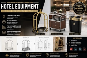 design hotel equipment, luggage carts, room service carts and waste bins