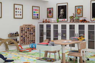 refine 3dmontessori daycare room,kids interior playarea render,cgi nursery space