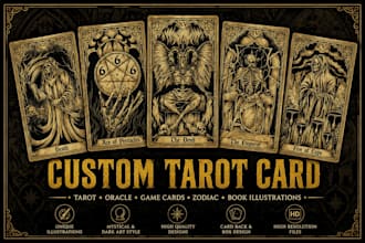 draw custom tarot card, oracle, zodiac, playing card in dark art, tarot design