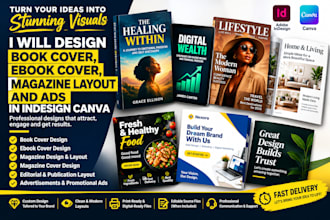 design book cover, ebook cover, magazine, magazine layout, ads in canva indesign