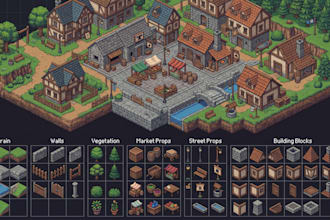 isometric pixel art tileset, tilemap, 2d game environment rpg game map
