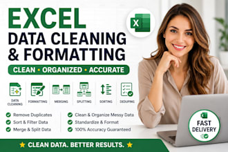 do excel data cleaning, formatting, merging, splitting, sorting and deduping