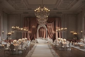 elegant wedding stage backdrop,indoor hall setup,grand ballroom banquet,3drender
