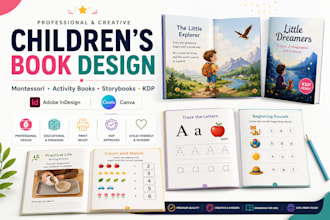design whimsical books, children storybook, montessori workbook, kid activities