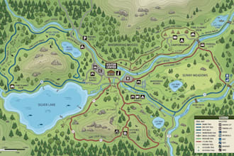 design a vector hiking trail map, nature park layout, and topographic guide
