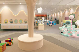refine interior children play center,kids playground render,3d kindergarten cafe