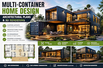 design a modern shipping container home with floor plan and 3d rendering