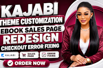 kajabi theme customization, ebook sales page design, redesign, checkout fixing
