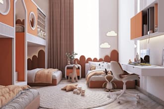 modular kids livingroom layout, girls and boy bunk beds design, terracotta decor