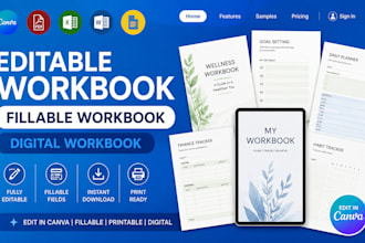 design editable workbook, fillable workbook, digital workbook and pdf layout